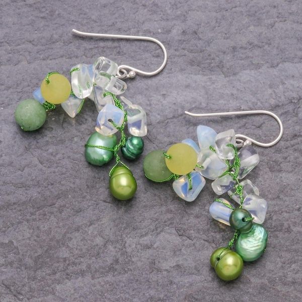 Alternate image for Green Cultured Pearl and Rainbow Moonstone Dangle Earrings Eye Candy in Green