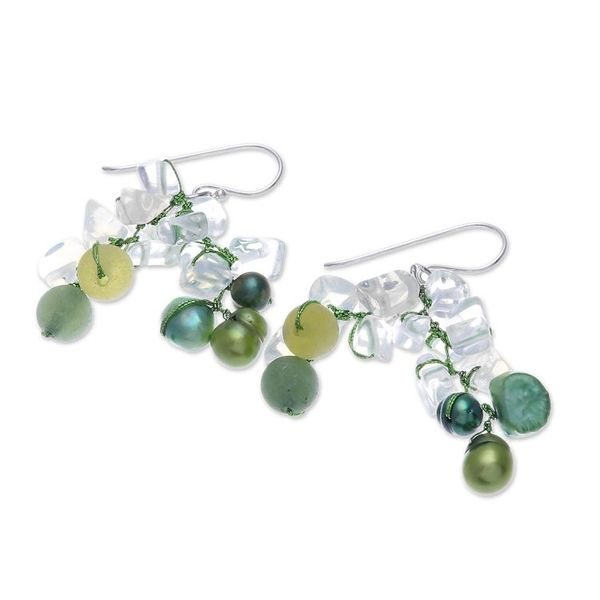 Alternate image for Green Cultured Pearl and Rainbow Moonstone Dangle Earrings Eye Candy in Green
