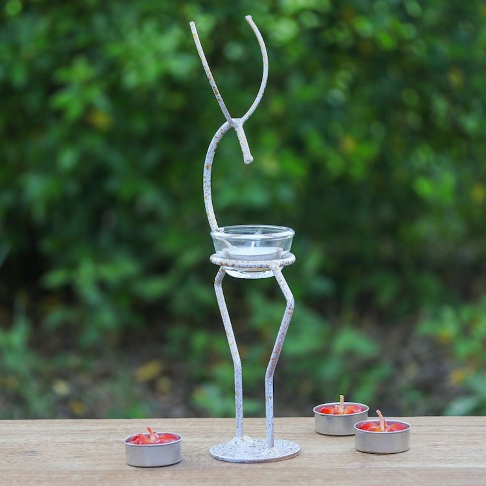 Handcrafted Iron Deer Tealight Holder in White and Gold 'Deer Splendor'