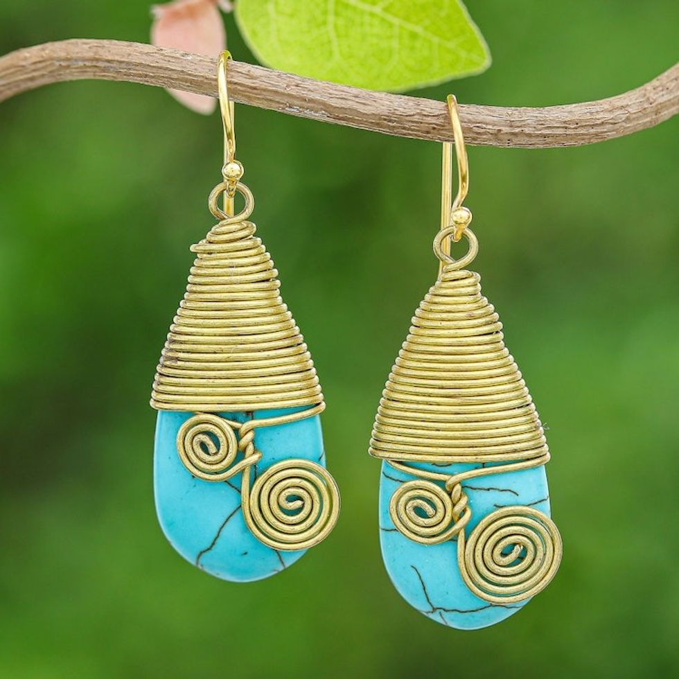 Polished Brass Dangle Earrings with Light Blue Magnesite 'Peaceful Swirls'