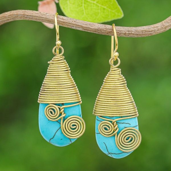Alternate image for Polished Brass Dangle Earrings with Light Blue Magnesite Peaceful Swirls