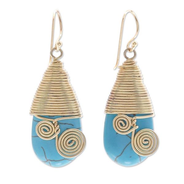 Alternate image for Polished Brass Dangle Earrings with Light Blue Magnesite Peaceful Swirls