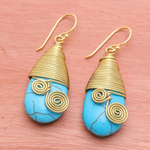 Alternate image for Polished Brass Dangle Earrings with Light Blue Magnesite Peaceful Swirls