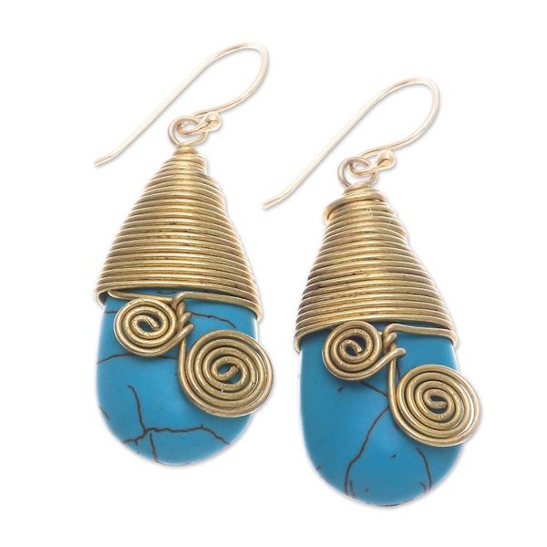 Alternate image for Polished Brass Dangle Earrings with Light Blue Magnesite Peaceful Swirls