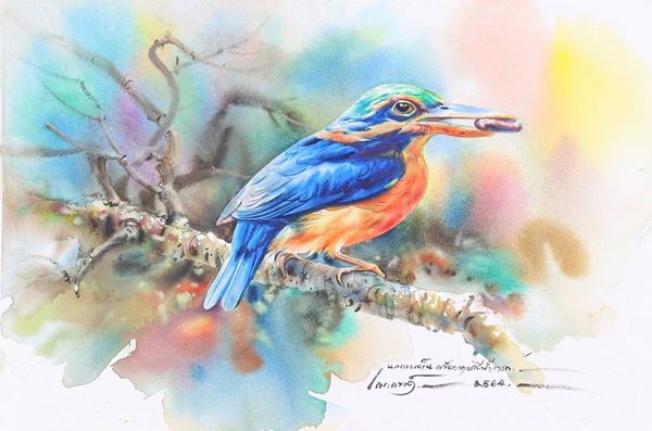 Alternate image for Watercolor Painting of Rufous-Collared Kingfisher Bird Rufous-Collared Kingfisher
