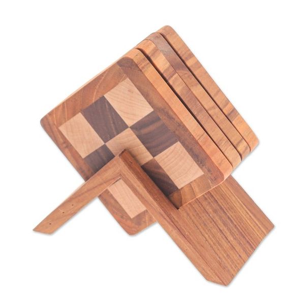 Alternate image for Set of 4 Hand-Carved Checkered Wood Coasters with Stand Checkered Nature