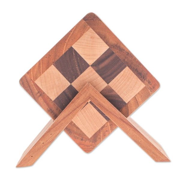 Alternate image for Set of 4 Hand-Carved Checkered Wood Coasters with Stand Checkered Nature