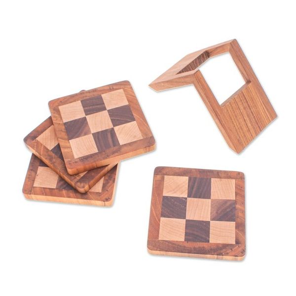Alternate image for Set of 4 Hand-Carved Checkered Wood Coasters with Stand Checkered Nature