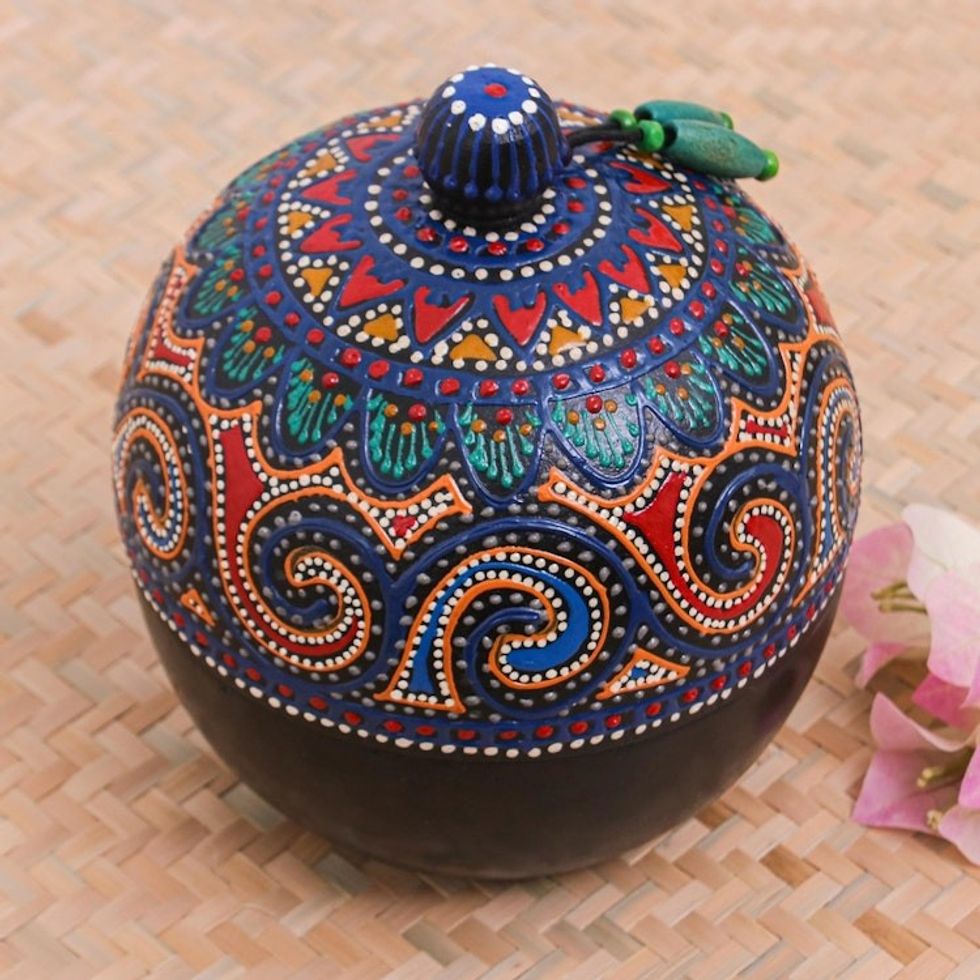 Hand-Painted Blue Mango Wood Decorative Box from Thailand 'Floral Circle in Blue'