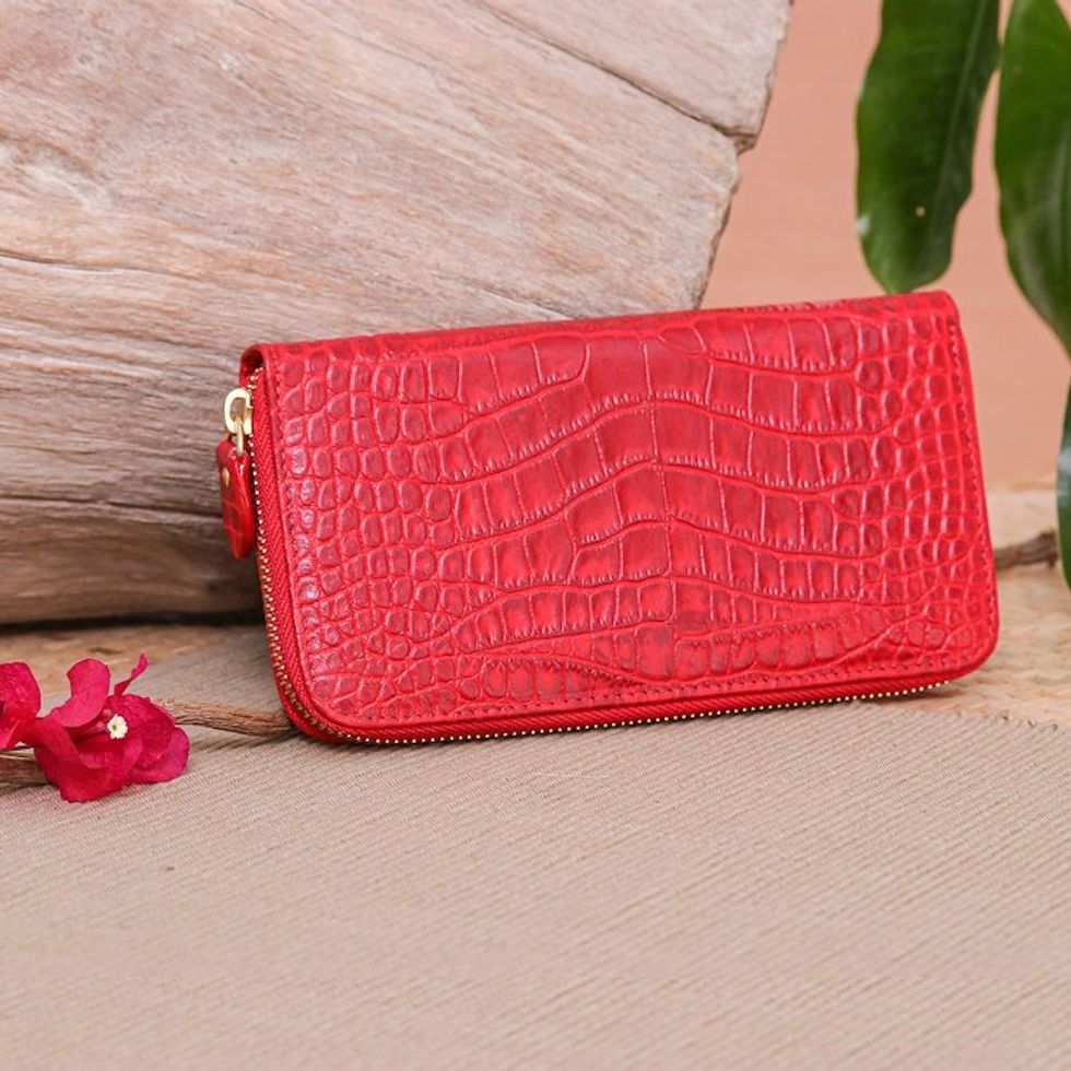 Alligator Print Cherry Leather Wristlet Wallet with Strap 'Cherry Safari'
