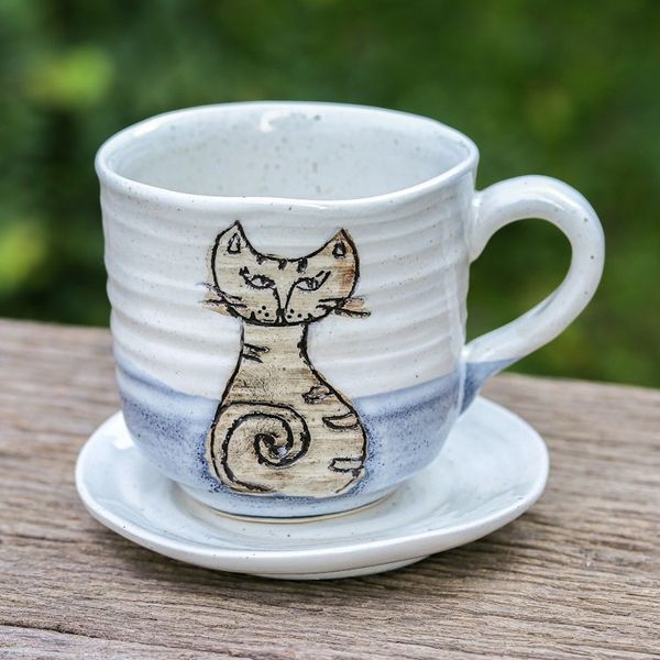 Alternate image for Handcrafted Ceramic Cup and Saucer Set with Cat Motif Whimsical Cat