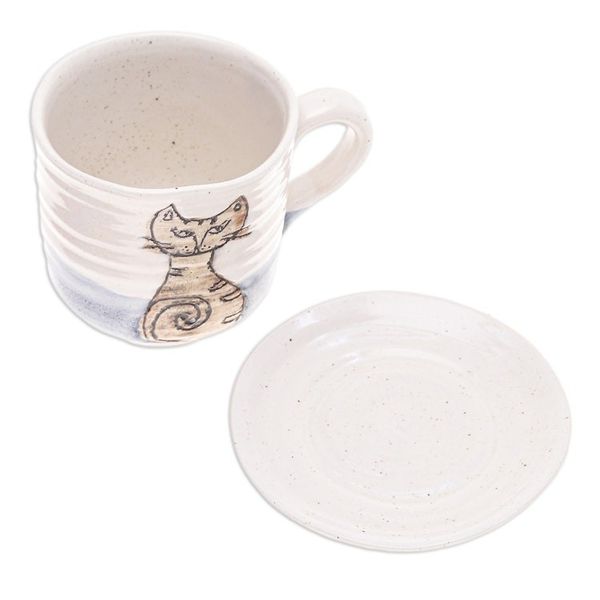 Alternate image for Handcrafted Ceramic Cup and Saucer Set with Cat Motif Whimsical Cat