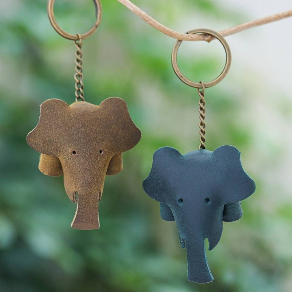 Set of Two Elephant-Themed Leather Keychains in Dark Hues 'Night Trunks'