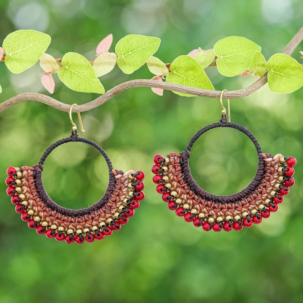 Brown Macrame Dangle Earrings with Red Magnesite Beads 'Passionate Nimbus'