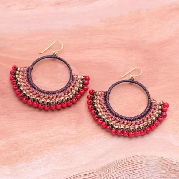 Alternate image for Brown Macrame Dangle Earrings with Red Magnesite Beads Passionate Nimbus