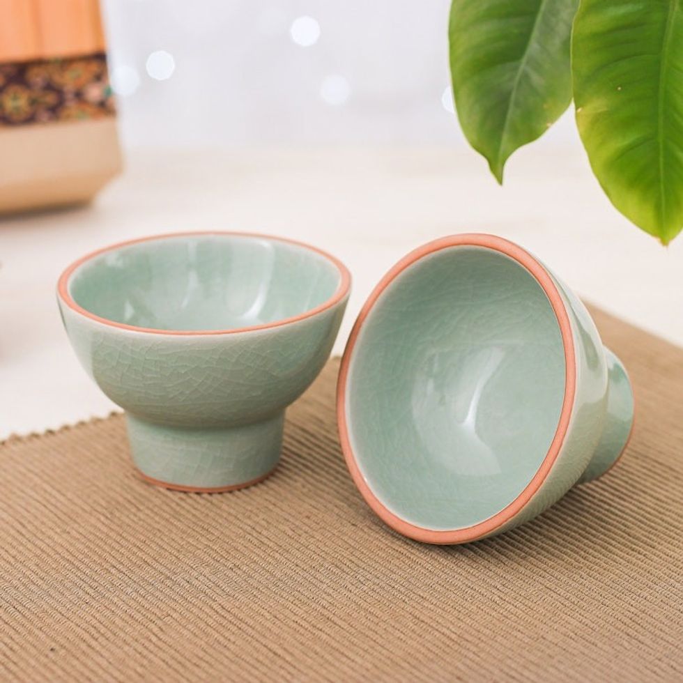 Pair of Handmade Celadon Ceramic Dessert Bowls in Green 'Delicious Treats'