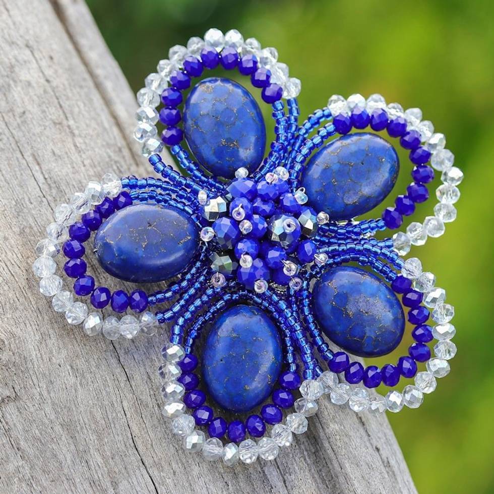 Handmade Floral Dark Blue Howlite and Glass Bead Brooch Pin 'Spring in Dreams'