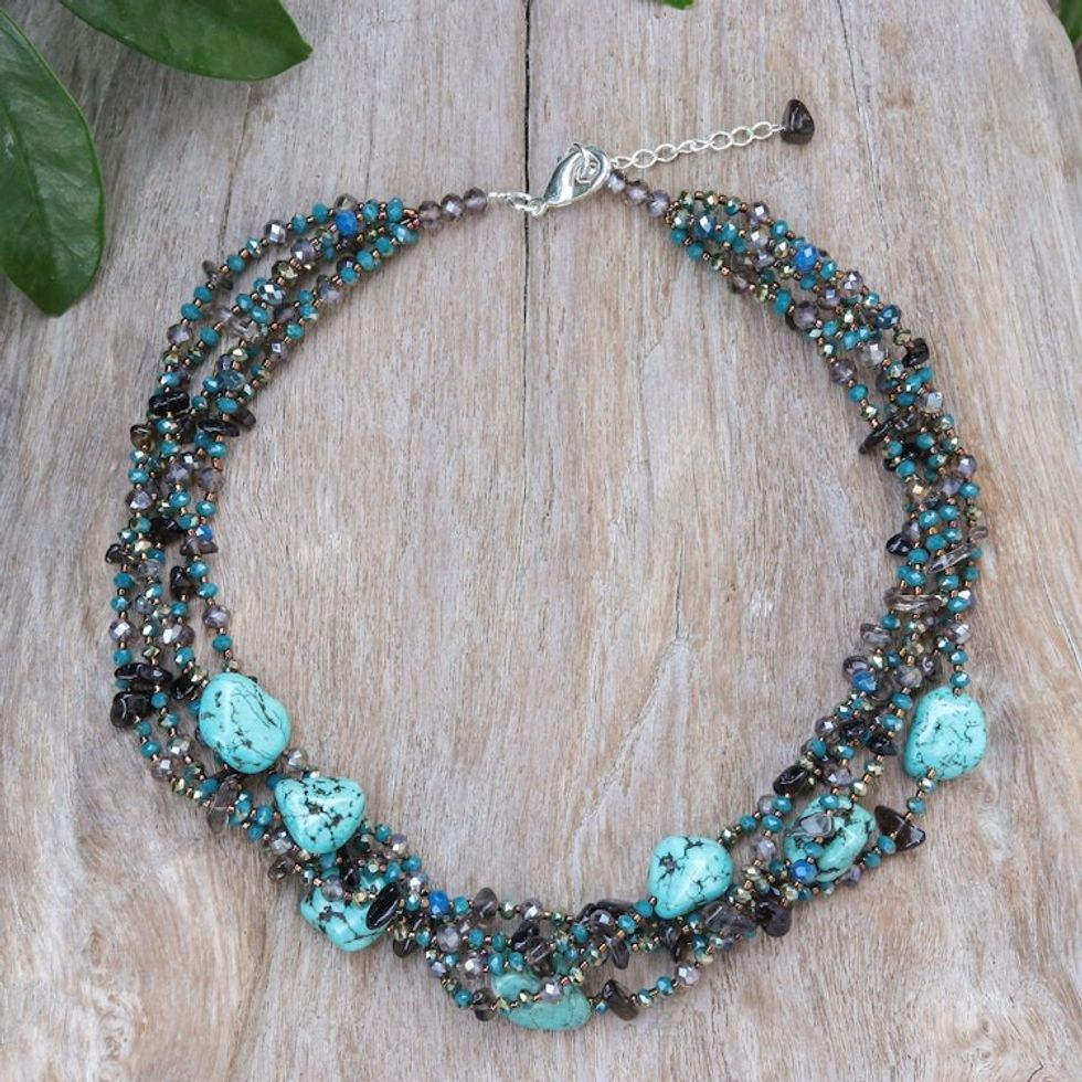 Howlite Smoky Quartz and Glass Beaded Waterfall Necklace 'Spectacular Blue'
