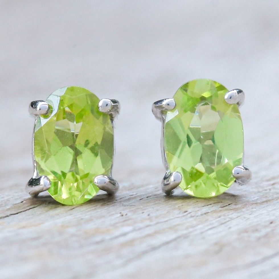 Sterling Silver Button Earrings with Natural Peridot Gems 'Fortune Maiden'