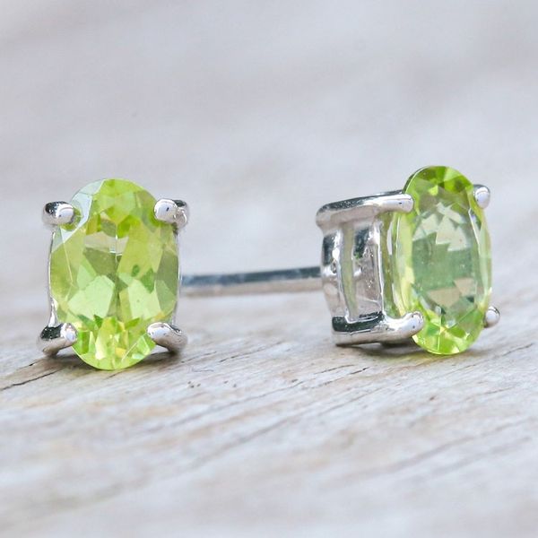 Alternate image for Sterling Silver Button Earrings with Natural Peridot Gems Fortune Maiden