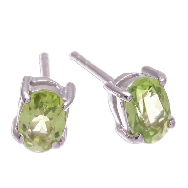 Alternate image for Sterling Silver Button Earrings with Natural Peridot Gems Fortune Maiden