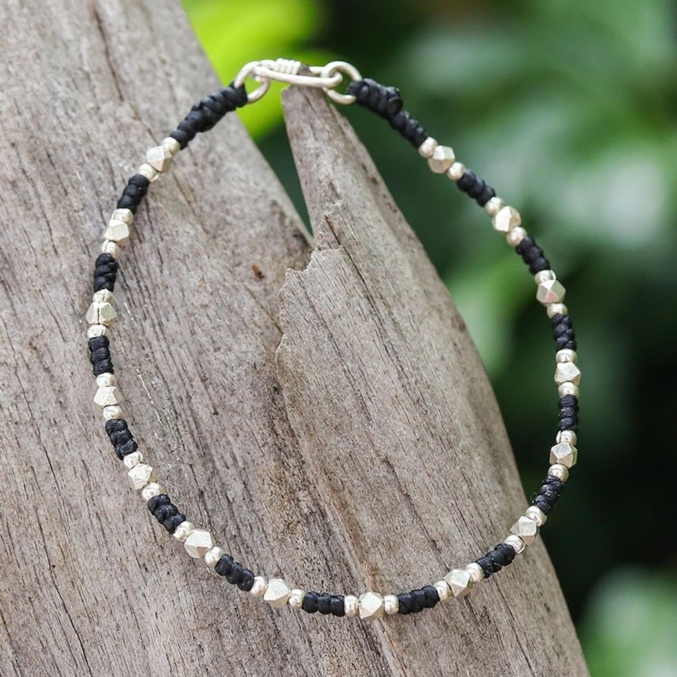 Handcrafted Braided Bracelet with Geometric Silver Beads 'Bohemian Geometry'