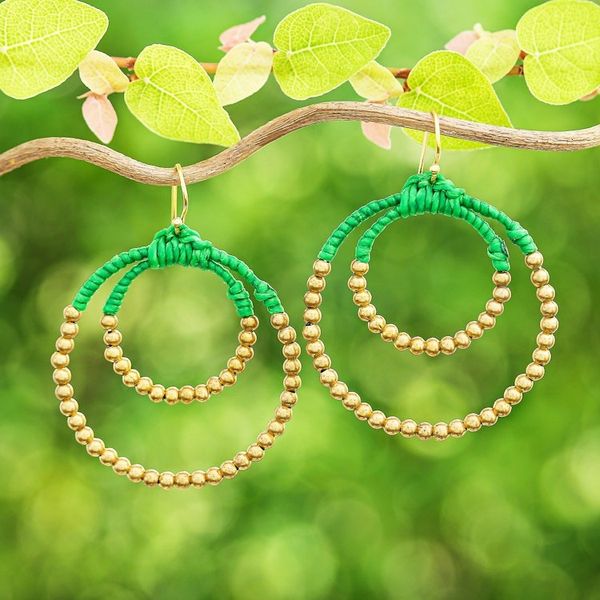 Alternate image for Polished Brass Beaded Dangle Earrings in Green My Vital Aura