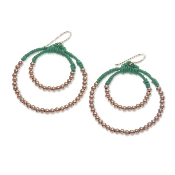 Alternate image for Polished Brass Beaded Dangle Earrings in Green My Vital Aura