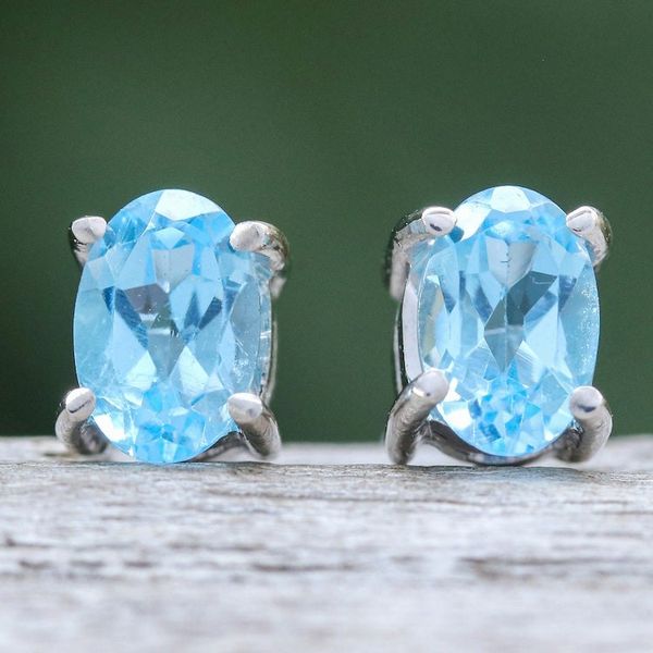 Alternate image for Sterling Silver Button Earrings with Oval Blue Topaz Gems Loyalty Maiden
