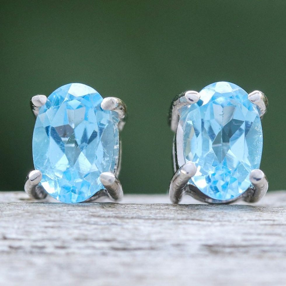 Sterling Silver Button Earrings with Oval Blue Topaz Gems 'Loyalty Maiden'