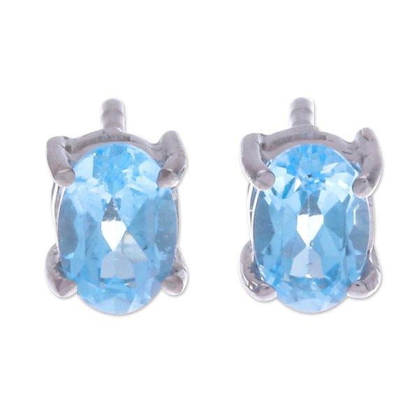 Alternate image for Sterling Silver Button Earrings with Oval Blue Topaz Gems Loyalty Maiden