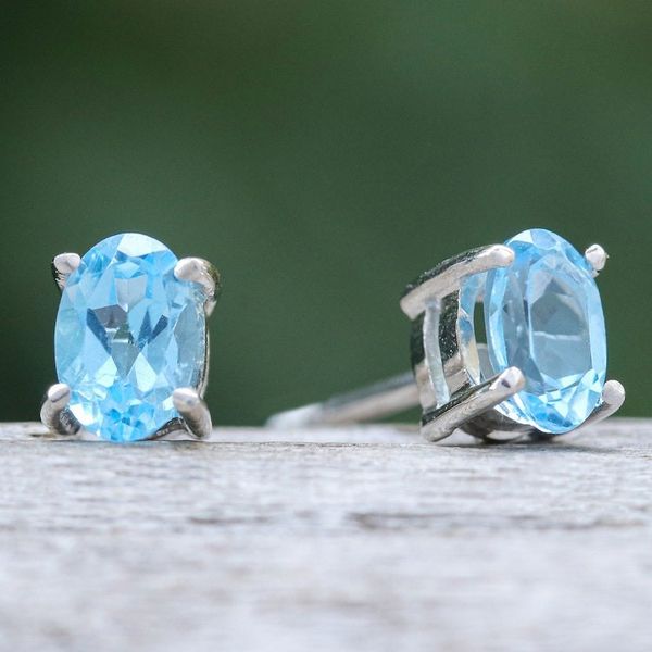 Alternate image for Sterling Silver Button Earrings with Oval Blue Topaz Gems Loyalty Maiden