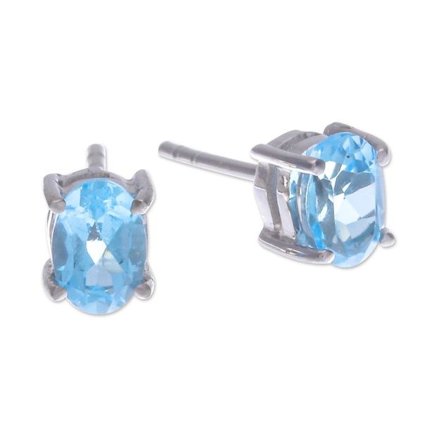 Alternate image for Sterling Silver Button Earrings with Oval Blue Topaz Gems Loyalty Maiden