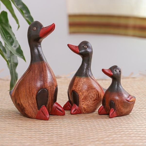 Alternate image for Set of 3 Hand-Carved and Hand-Painted Duck Wood Figurines Family of Ducks
