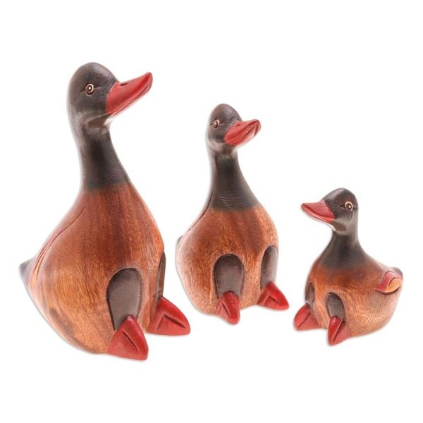 Alternate image for Set of 3 Hand-Carved and Hand-Painted Duck Wood Figurines Family of Ducks