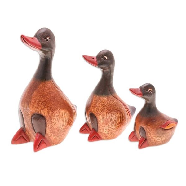 Alternate image for Set of 3 Hand-Carved and Hand-Painted Duck Wood Figurines Family of Ducks