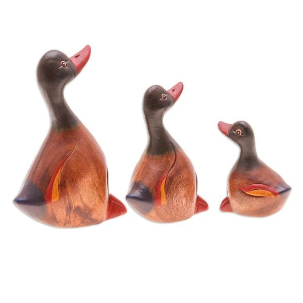 Alternate image for Set of 3 Hand-Carved and Hand-Painted Duck Wood Figurines Family of Ducks