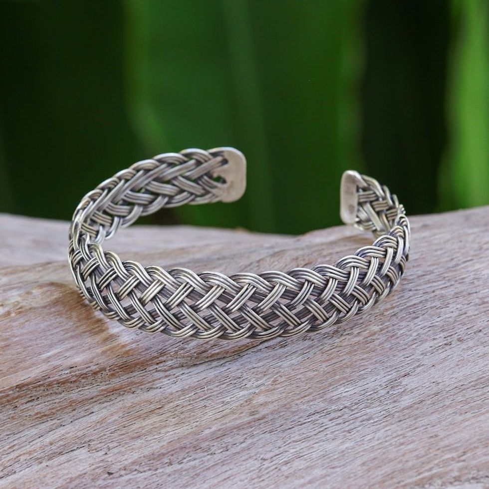 Silver Cuff Bracelet with Polished Basketweave Pattern 'Dazzling Ties'