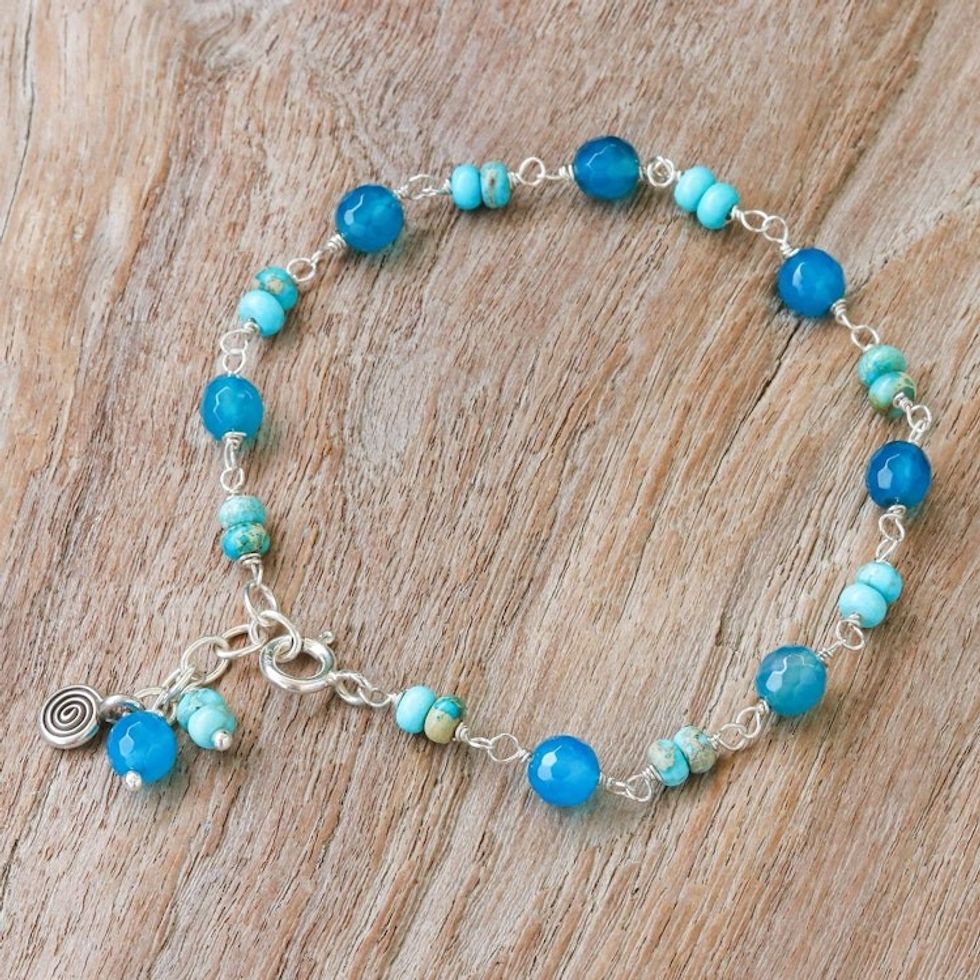 Sterling Silver Beaded Charm Bracelet with Agate and Jasper 'Stylish Swirl'