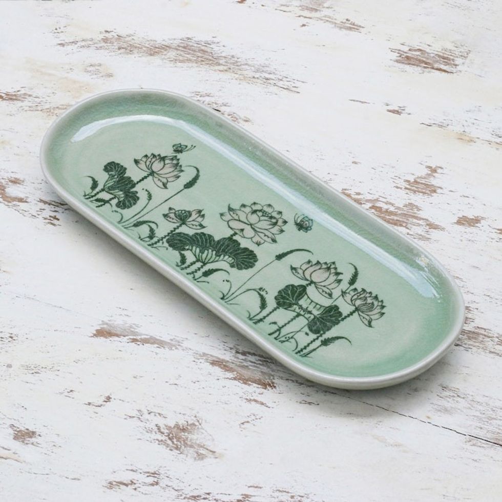 Handcrafted Lotus-Themed Celadon Ceramic Tray from Thailand 'Thai Lotus'