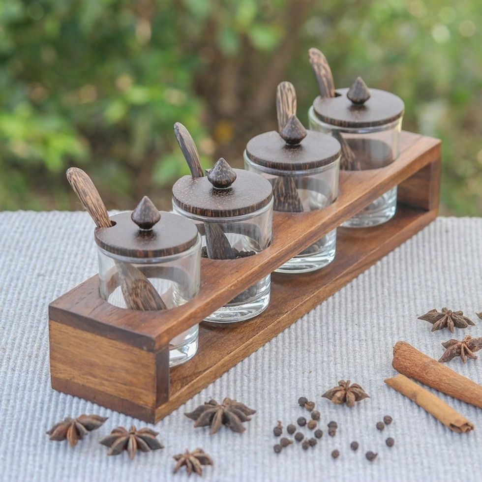 Rectangular Wood and Glass Condiment Set 13 Pieces 'Spice of Life'
