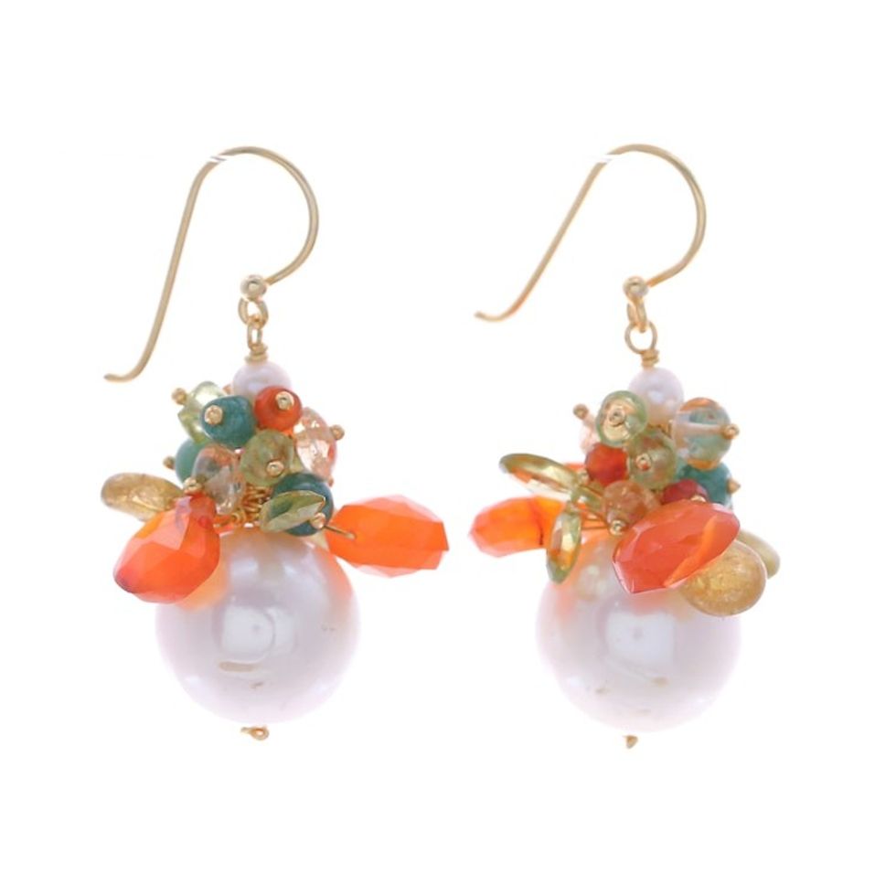 18k Gold-Plated Multi-Gemstone Dangle Earrings with Pearls 'Paradise Fruits'