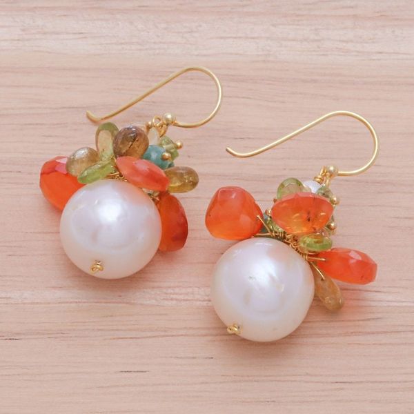 Alternate image for 18k Gold-Plated Multi-Gemstone Dangle Earrings with Pearls Paradise Fruits