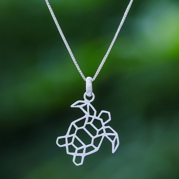 Alternate image for Geometric Sterling Silver Necklace with Turtle Pendant Free Turtle