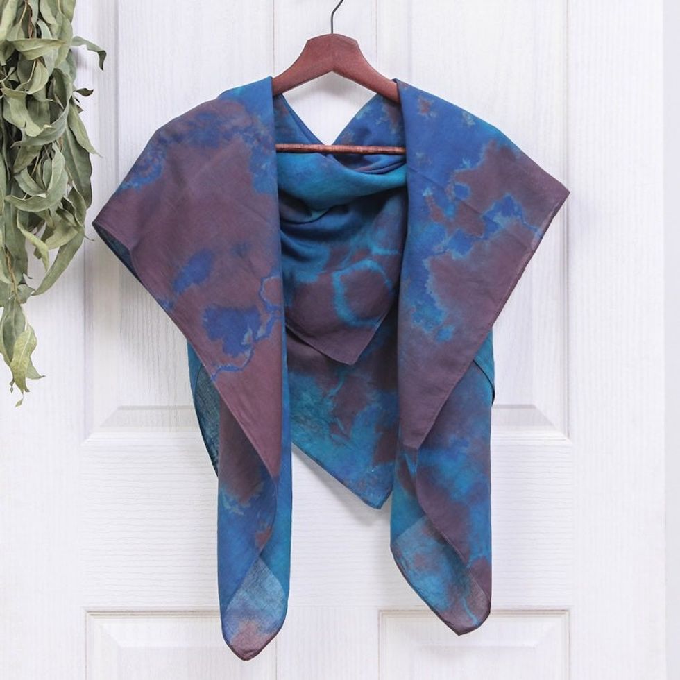 Hand-Dyed Blue and Brown Cotton Wrap Scarf from Thailand 'Lovely Cloud'
