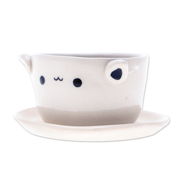 Alternate image for Cat-Themed Ceramic Mini Flower Pot with Saucer in Ivory Kitty Charm