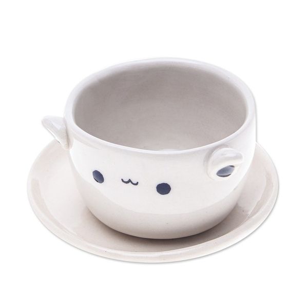 Alternate image for Cat-Themed Ceramic Mini Flower Pot with Saucer in Ivory Kitty Charm