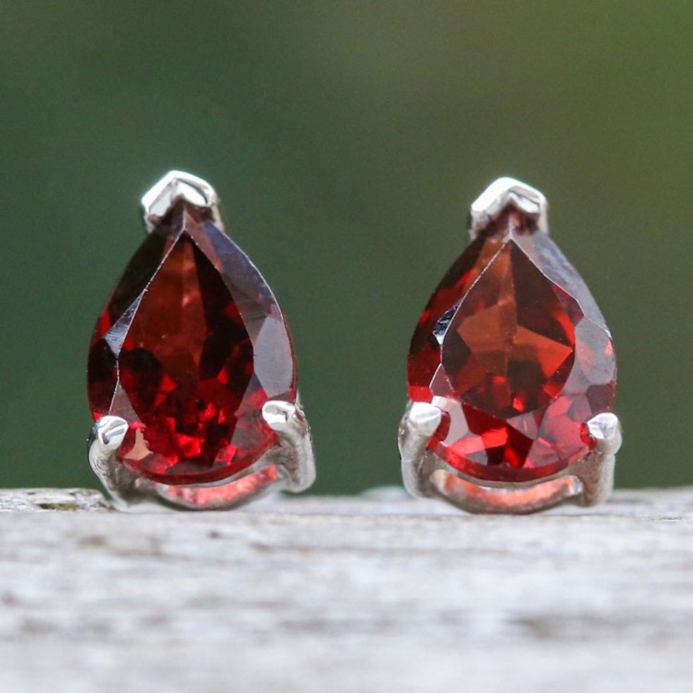 Sterling Silver Drop Earrings with Pear-Shaped Garnet Gems 'Perseverance Blessing'