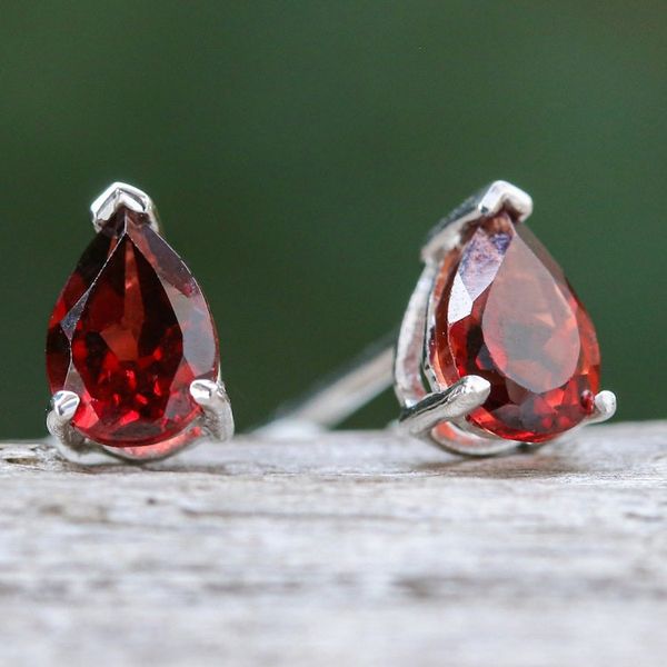 Alternate image for Sterling Silver Drop Earrings with Pear-Shaped Garnet Gems Perseverance Blessing