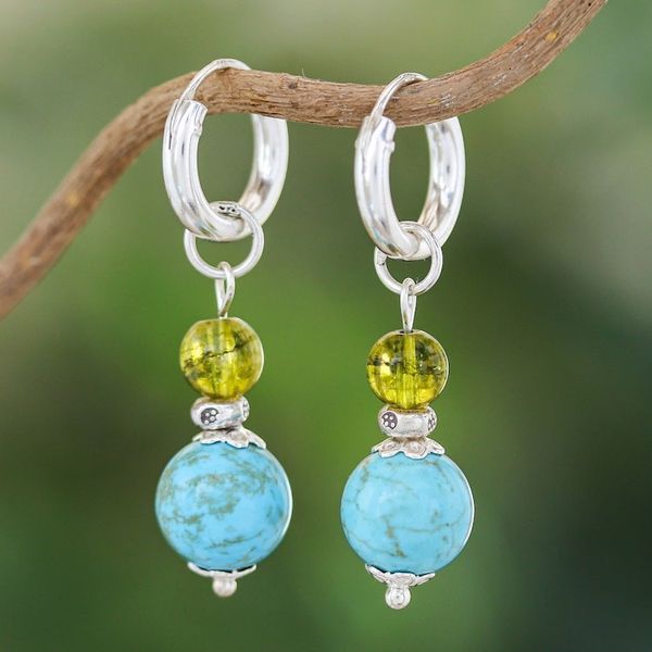 Alternate image for Silver Hoop Earrings with Reconstituted Turquoise Quartz Chic Duo